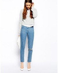 Asos Farleigh High Waist Slim Mom Jeans In Rosebowl Mid Wash Blue With Ripped Knee