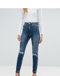 Asos Tall Farleigh High Waist Slim Mom Jeans In Sonnet Aged Vintage Darkwash With Busts And Cinch Back