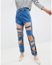 ASOS DESIGN Farleigh High Waist Slim Mom Jeans With Festival Strap Detail In Mid Blue Wash