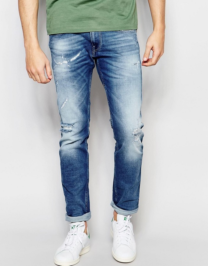 Replay Jeans Anbass Slim Fit Stretch Broken Edge Extreme Distressed Mid ...