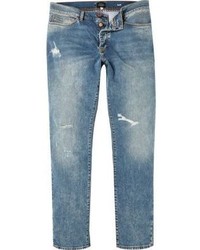 River Island Mid Blue Wash Ripped Dylan Slim Jeans