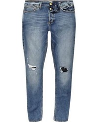 River Island Mid Blue Wash Ripped Sid Skinny Jeans