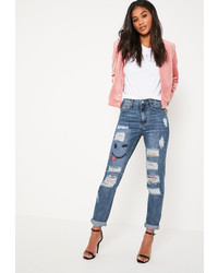 Missguided Blue High Rise Ripped Knee Emoji Face Mom Jeans