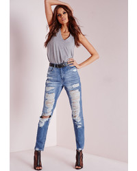 Missguided High Rise Extreme Rip Mom Jeans Antique Blue