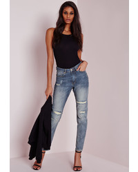 Missguided High Rise Ripped Mom Jeans Aged Vintage Blue