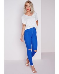 Missguided High Waisted Ripped Knee Skinny Jeans Intense Blue