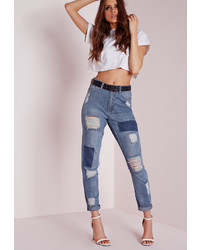 Missguided Highrise Rip Patchwork Mom Jeans Vintage Blue