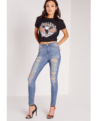 Missguided Highwaisted Ripped Skinny Jeans Aged Blue