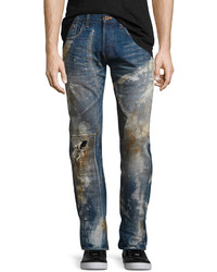 PRPS Noir Stained Distressed Slim Straight Jeans Blue