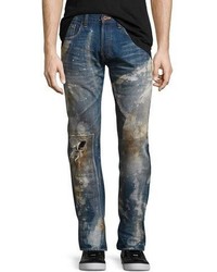 PRPS Noir Stained Distressed Slim Straight Jeans Blue