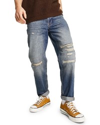 Topman Relaxed Rip Repair Jeans In Mid Blue At Nordstrom