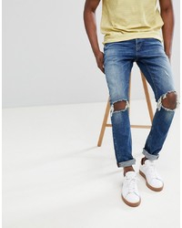 ONLY & SONS Slim Tapered Jeans With Open Knee Rips Denim