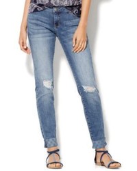 New York & Co. Soho Embroidered Cuff Destroyed Relaxed Boyfriend Jeans Indigo Blue Wash