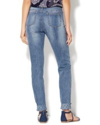 New York & Co. Soho Embroidered Cuff Destroyed Relaxed Boyfriend Jeans Indigo Blue Wash