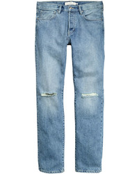 H&M Straight Regular Trashed Jeans Light Denim Blue