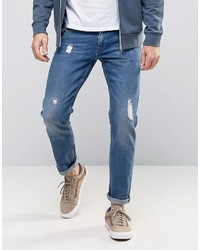 Asos Stretch Slim Jeans In Distressed Mid Wash