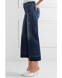 Mother The Roller Crop Undone Distressed High Rise Wide Leg Jeans Mid Denim