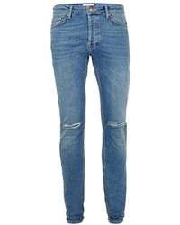 Topman Blue Vintage Wash Ripped Stretch Skinny Jeans