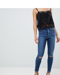 Asos Petite Asos Design Petite Ridley High Waist Skinny Jeans In Extreme Dark Stonewash With Button Fly And Ripped Knee