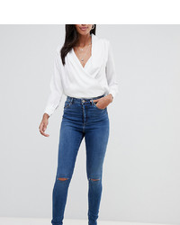 Asos Tall Asos Design Tall Ridley High Waist Skinny Jeans In Extreme Dark Stonewash With Button Fly And Ripped Knee
