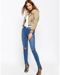 Asos Tall Lisbon Skinny Midrise Jeans In Blessing Mid Stonewash With Rips