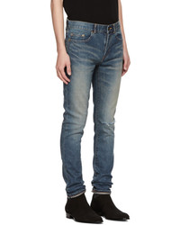 Saint Laurent Blue Ripped Low Waisted Skinny Jeans