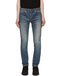 Saint Laurent Blue Ripped Low Waisted Skinny Jeans