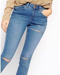 Asos Collection Lisbon Skinny Mid Rise Jeans In Paulo Wash With Knee Rips And Thigh Rip