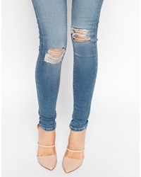 Asos Collection Ridley Jeans In Mia Mid Wash Blue With Rip And Destroy Busted Knees