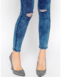 Asos Collection Ridley Skinny Ankle Grazer Jeans In Blish Wash With Ripped Knees
