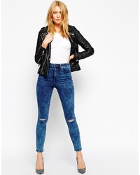 Asos Collection Ridley Skinny Ankle Grazer Jeans In Blish Wash With Ripped Knees