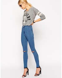 Asos Collection Rivington Jean Jegging In Serge Mid Blue With Two Ripped Knees