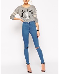 Asos Collection Rivington Jean Jegging In Serge Mid Blue With Two Ripped Knees