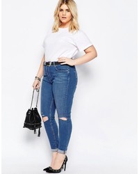 Asos Curve Lisbon Midrise Skinny Jean In Blessing Mid Wash With Rips