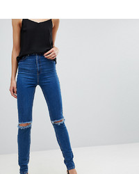 Asos Tall Farleigh High Waist Slim Mom Jeans In Bonnie Wash With Super Wide Busted Knee