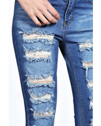 Boohoo Jess Mid Rise Slashed Leg Super Skinny Jeans