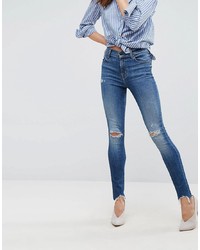 J Brand Maria High Rise Skinny Jeans With Distressed Knee And Hem