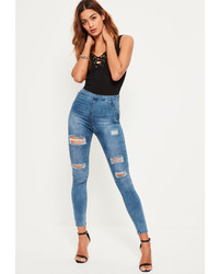 Missguided Blue High Waisted Ripped Jeggings