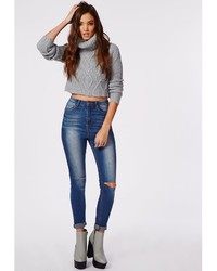 Missguided Edie High Waisted Ripped Skinny Jeans Antique Blue