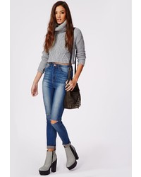 Missguided Edie High Waisted Ripped Skinny Jeans Antique Blue