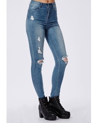 Missguided Edie High Waisted Ripped Skinny Jeans Bleached Blue