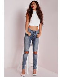 Missguided High Waisted Ripped Knee Skinny Jeans Acid Wash