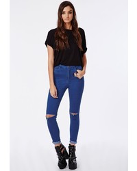 Missguided High Waisted Ripped Knee Skinny Jeans Intense Blue
