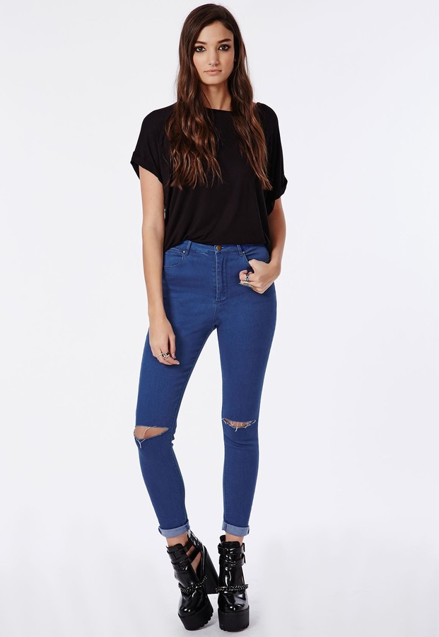 blue ripped skinny high waisted jeans