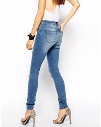 Asos Petite Ridley High Waist Ultra Skinny Jeans In Heritage Blue With Ripped Knees