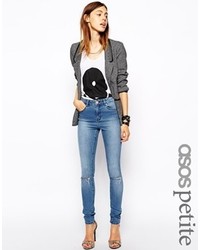 Asos Petite Ridley High Waist Ultra Skinny Jeans In Heritage Blue With Ripped Knees