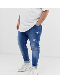 ASOS DESIGN Plus Spray On Jeans With Power Stretch In Mid Wash Blue With Abrasions