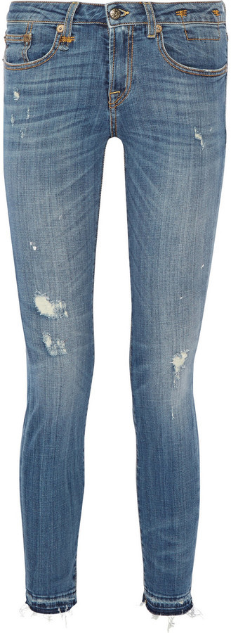 R 13 R13 Alison Crop Distressed Mid Rise Skinny Jeans Mid Denim