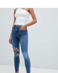 ASOS DESIGN Ridley High Waist Skinny Jeans In Extreme Mid Wash With Busted Knee And Rip Repair Detail