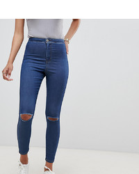 ASOS DESIGN Rivington High Waisted Jeggings With Frayed Knee Rip Detail In Mid Stone Blue Wash